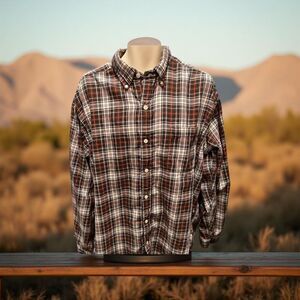 Ralph Lauren Jean Co Men Brown White Plaid Cotton Flannel Long Sleeve Shirt XL #